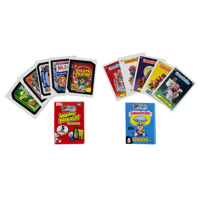 Examples of the 5 stickers each of GPK and Wacky Packages