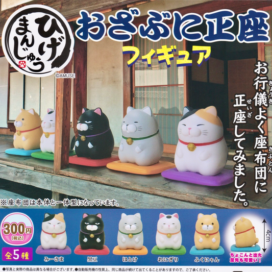 A Japanese flyer showing 6 different colors of toy cat figurine gachapon. The cats are kneeling on cushions.