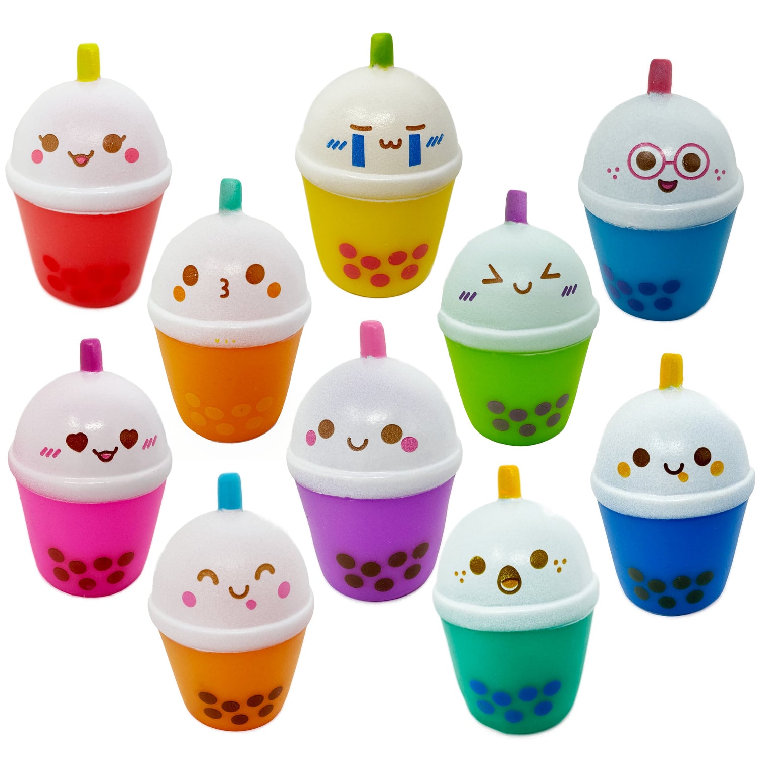 10 colorful boba bubble tea toys with cute kawaii faces