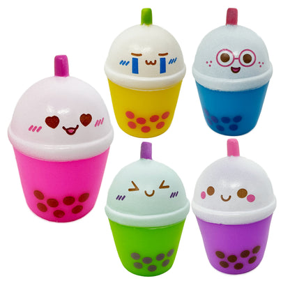 5 colorful boba bubble tea toys with cute kawaii faces