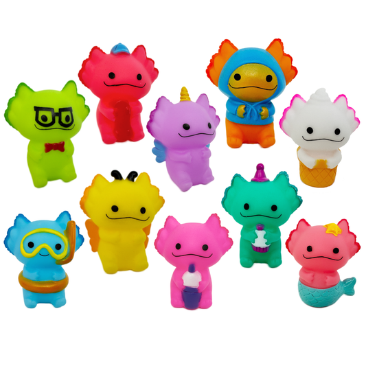 10 rubber cute axolotl toy figure bath toys in many fun colorful designs including mermaid, bumble bee, unicorn, skateboarder, diver, and ice cream.