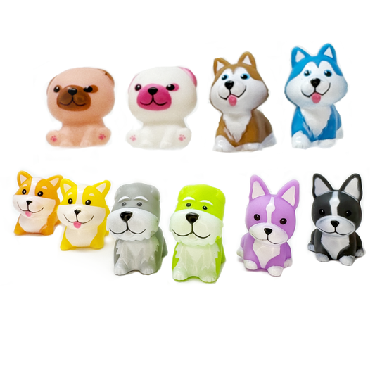 There are ten colorful toy dogs in the photo.