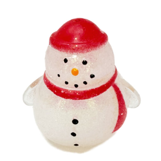 A small glittery squishy snowman fidget toy wearing a red hat and scarf.