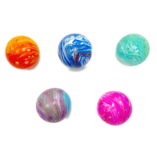 Five colorful  marbled stretch ball fidget toys.