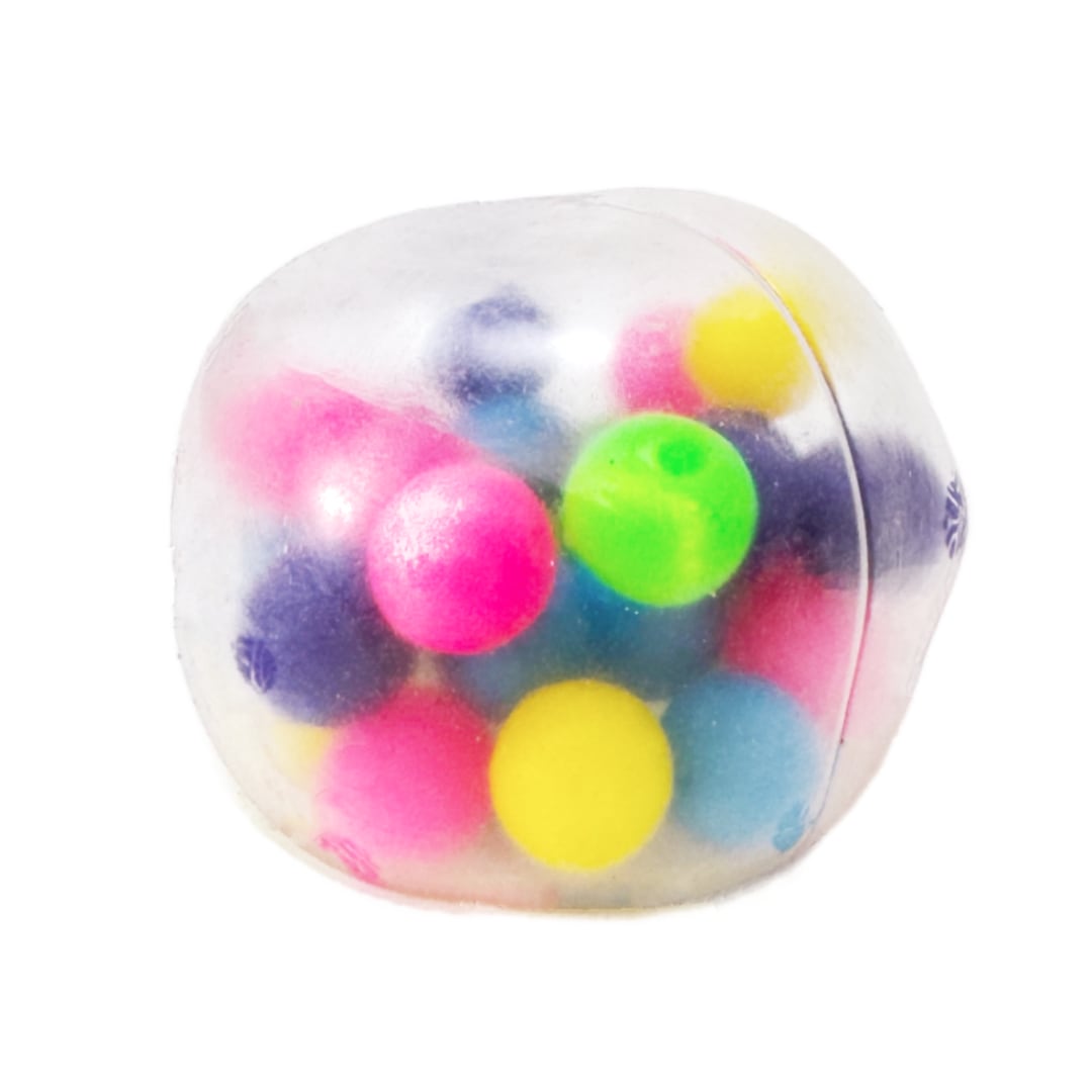 A semi-translucent squeezy toy ball with smaller colorful balls inside.