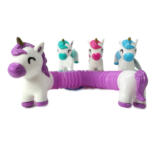 A purple and white toy unicorn pop tube fidget is stretched out and three other colors are shown in the back.