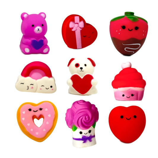 A collection of Valentine's Day cute gift bath toys in reds and pinks.