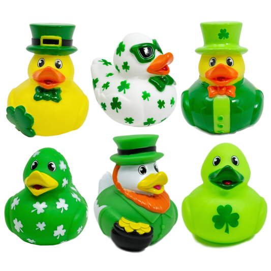 Six different St. Patricks Day themed rubber ducks, two are green, three have shamrocks printed on them, three are dressed as leprechauns.