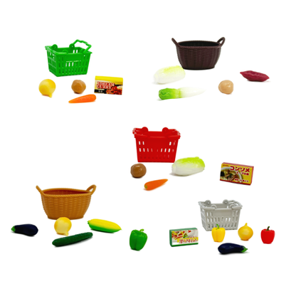 5 miniature shopping baskets in different colors each with 4-5 pieces of even tinier play food available.