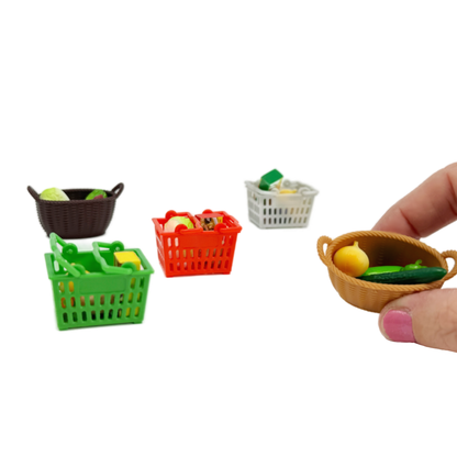 5 miniature shopping baskets in different colors each with 4-5 pieces of mini plastic food inside the baskets.