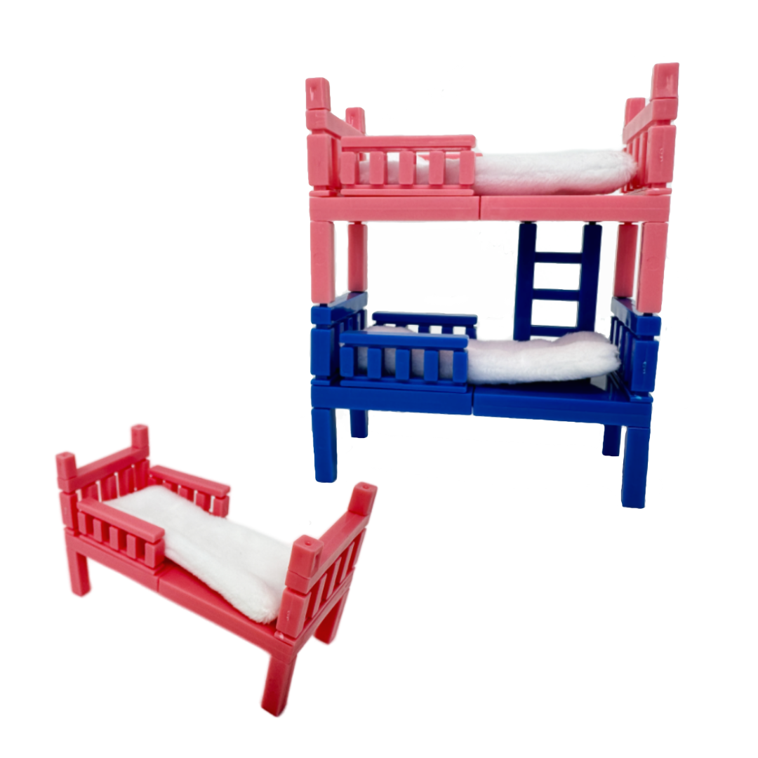 Three colors of stackable miniature toy beds