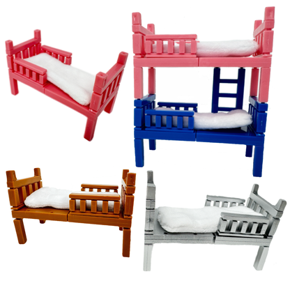 Five colors of stackable miniature toy beds turn into tiny bunk beds