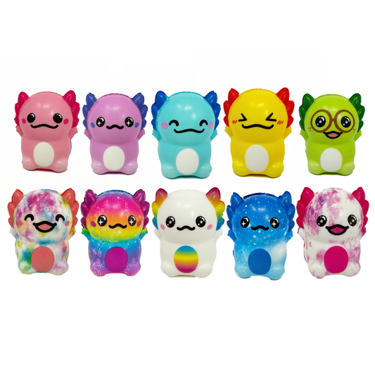 A collection of 10 axolotl squish toys in many colors including galaxy, tie-dye and rainbow. One is a pink axolotl and one is even wearing glasses.