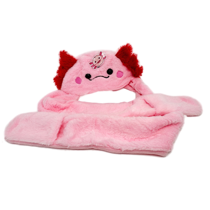 A pink plush axolotl hat with attached mitten scarf,