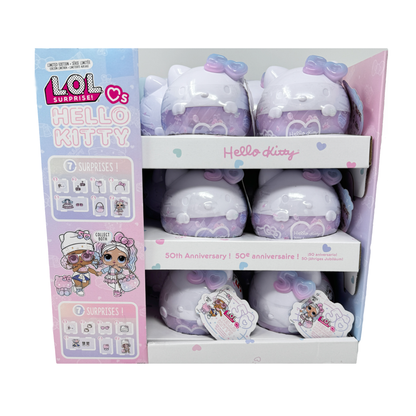 The box full of Hello Kitty 50th Anniversary themed L.O.L. Surprise doll kitty shaped balls