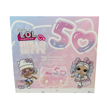 An illustration from the back of the box of Hello Kitty 50th Anniversary themed L.O.L. Surprise dolls and accessories.