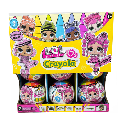 A display box filled with several colorful L.O.L. Surprise Loves Crayola dolls in their surprise balls.