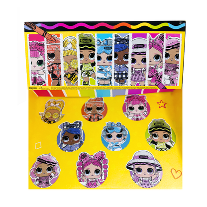 The Crayola L.O.L. Surprise Doll box illustrating the  9 colorful dolls to collect