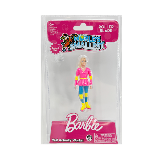 World's Smallest Rollerblade Barbie wearing a hot pink, blue and yellow outfit in the packaging.