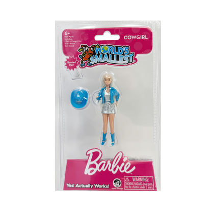 World's Smallest Cowgirl Barbie in the packaging wearing that iconic 90s metallic and blue look inspired by Western Stamping Barbie