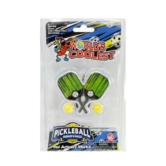 Two tiny Pickleball paddles and balls in a keychain carry case.