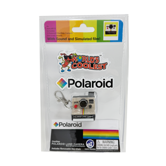 World's Coolest mini Polaroid Camera Replica Keychain in the packaging.