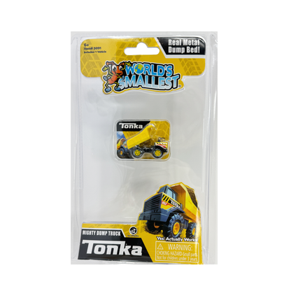 A tiny Tonka Mighty Dump Truck in the packaging.