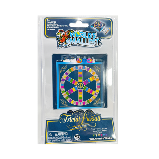 World's Smallest playable Trivial Pursuit game in its packaging.