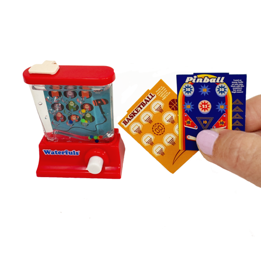 A hand holds the back from cards next to The World's Smallest Waterfuls Game