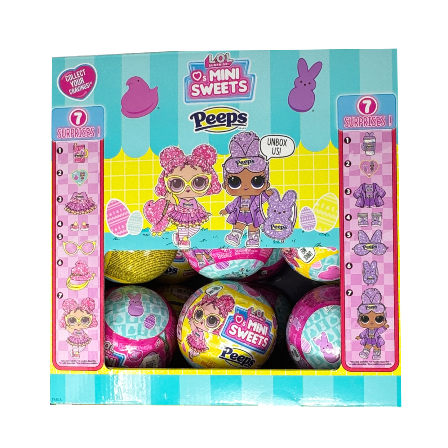 A box of  several LOL Mini Sweets Peeps showing the two dolls (1 per ball) and seven surprises