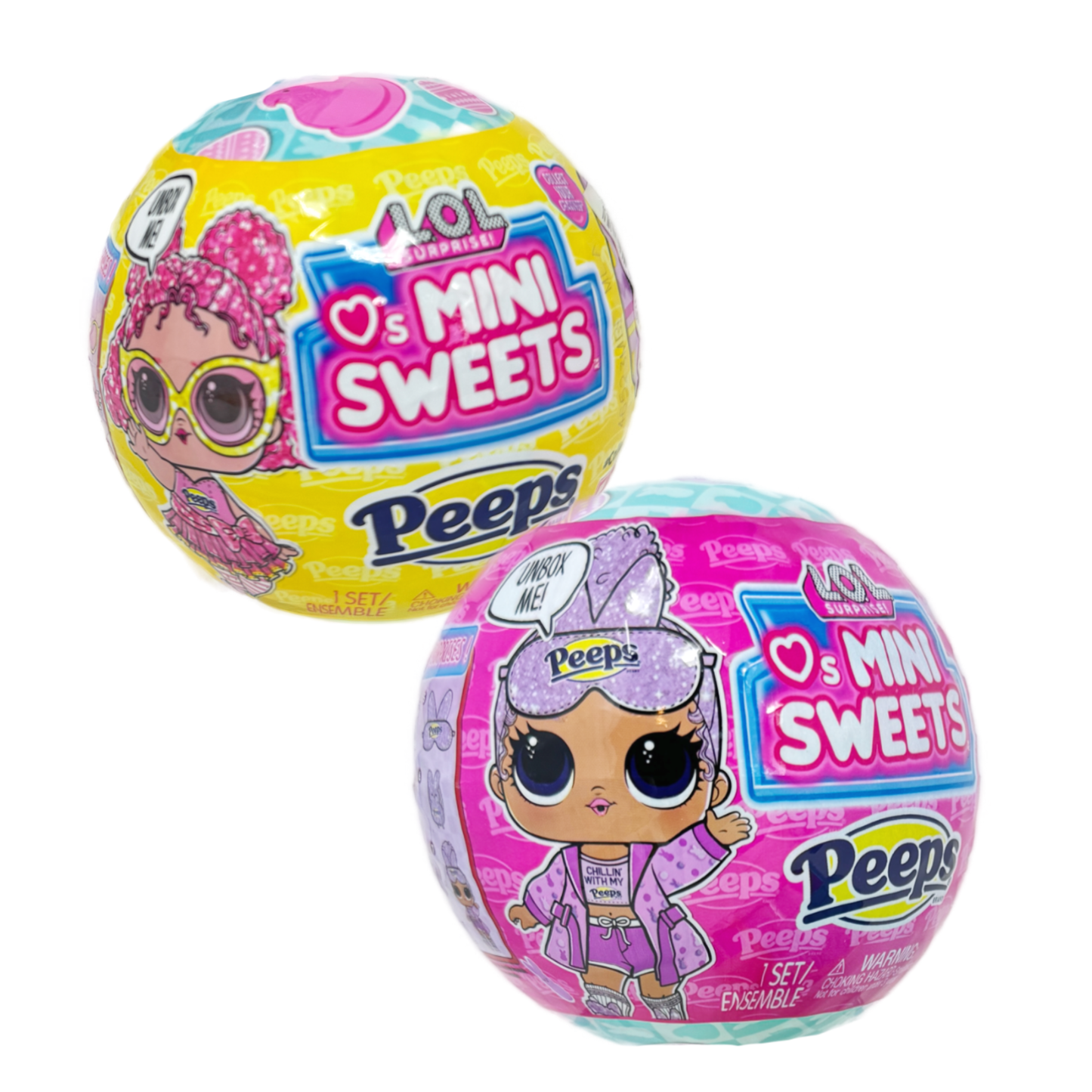 2 Surprise balls of the LOL Mini Sweets Peeps showing the two dolls (1 per ball)