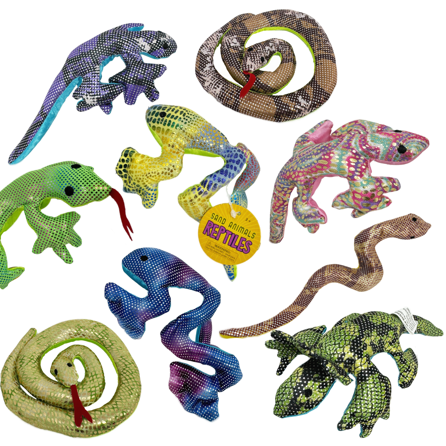 Sand filled shimmery toy reptiles Including snakes, geckos, tree frogs, and lizards. 