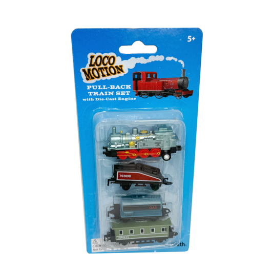 A Loco Motion Pull Back Train Engine and 3 cars shown in the packaging.