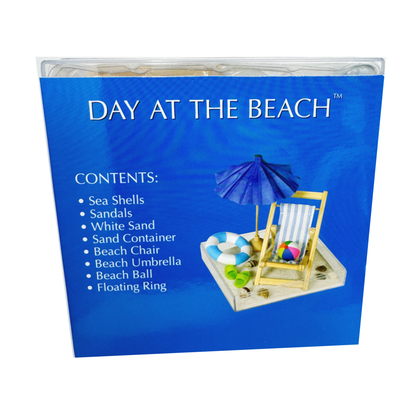 The back of the a Day at the Beach Zen Garden in the packaging showing what is included.