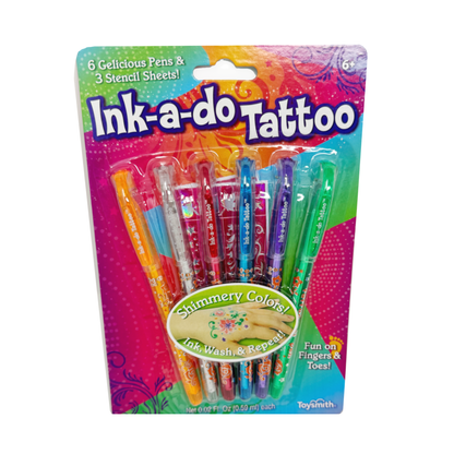 A package of 6 colorful Ink-a-do temporary tattoo pens.