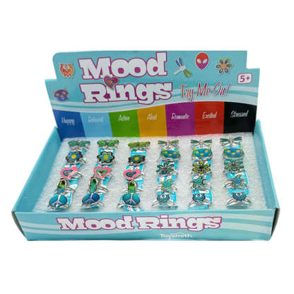 A box showing the 10 designs of Cutie Mood Rings and the color meanings