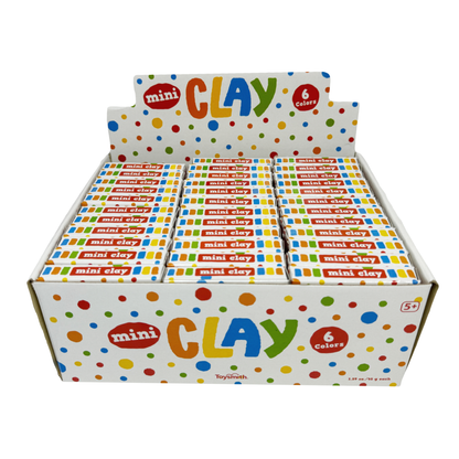 A colorful display box with many packages of mini clay.