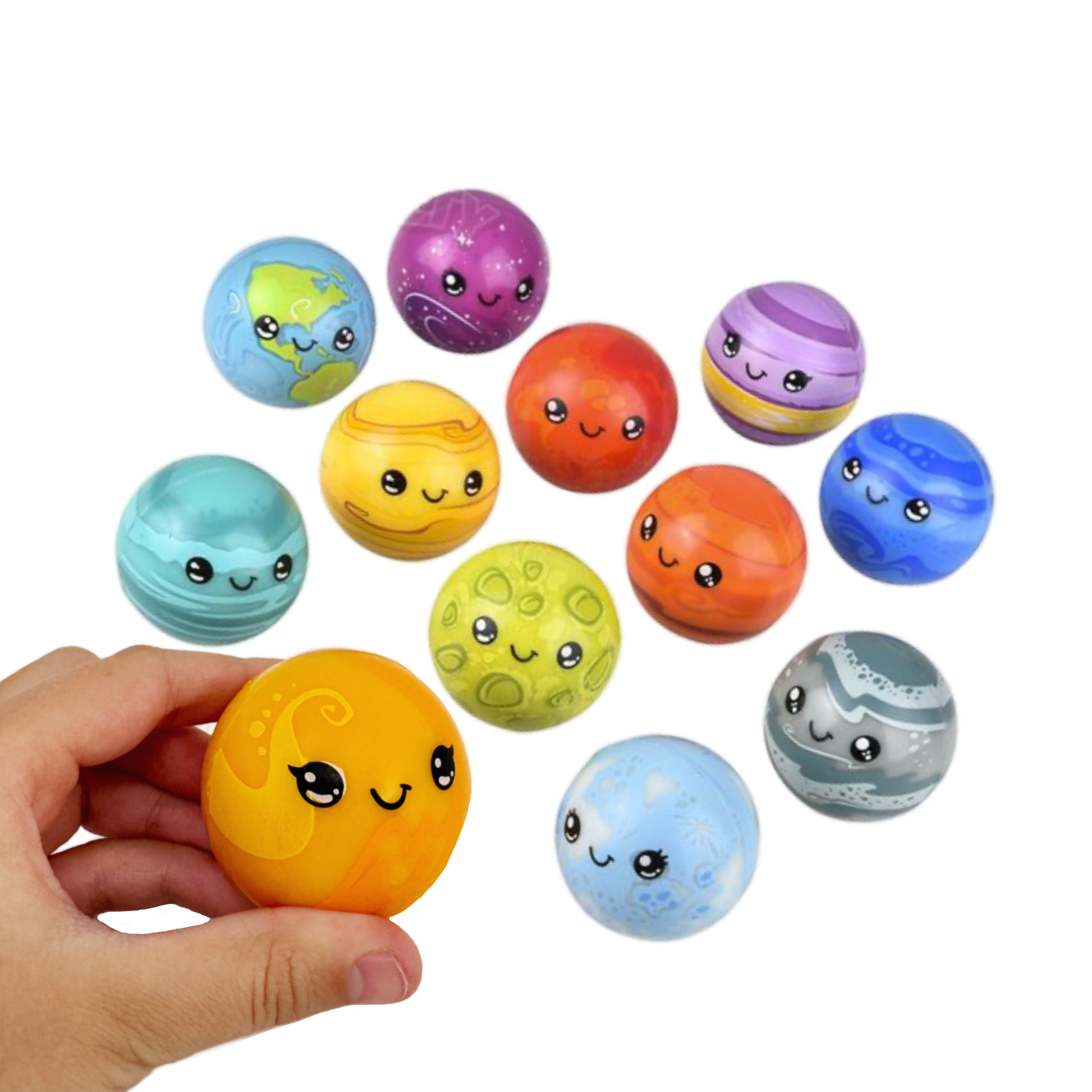 A hand holds an orange bouncy ball while in the background there are 11 other planets and moon balls with cute faces.