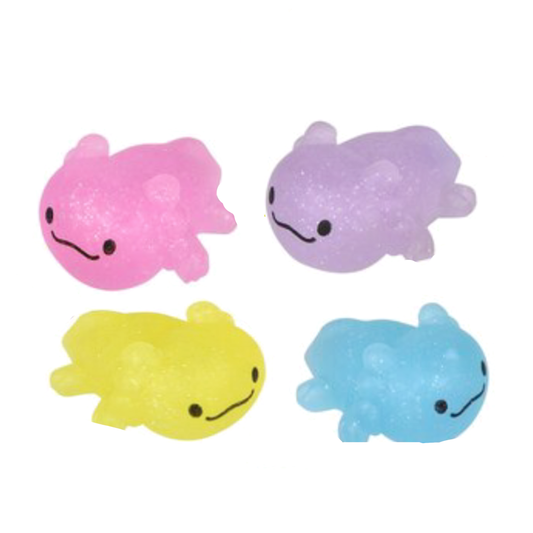 Four gummy mochi toy axolotls in blue, yellow, pink, and purple
