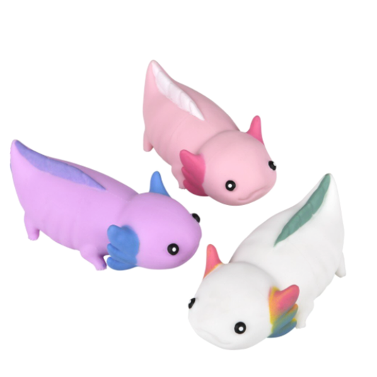 3 colors of Stretchy Axolotl Sand Toy in pink, purple, and white.