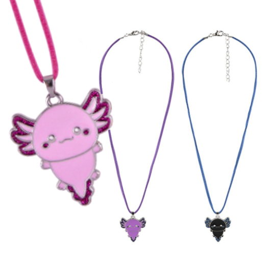 A close up of the pink axolotl necklace with the purple and black necklaces in the background