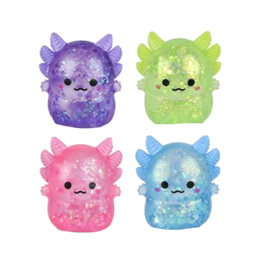 Four Sparkly Squeeze Axolotl Toys. One in each color: purple, green, pink and blue.