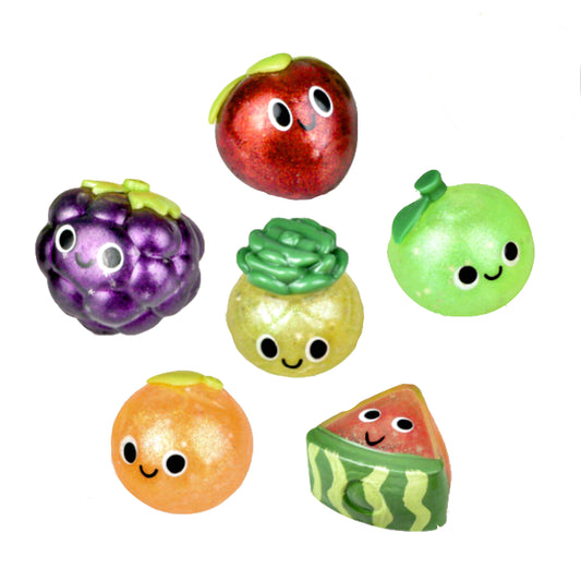 6 styles of squishy sticky fruit sensory toys with cute faces.