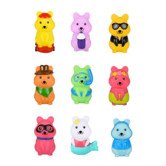 9 different styles of quokka toys including mermaid, cowboy, hula, bandit, skater, and snorkeler.