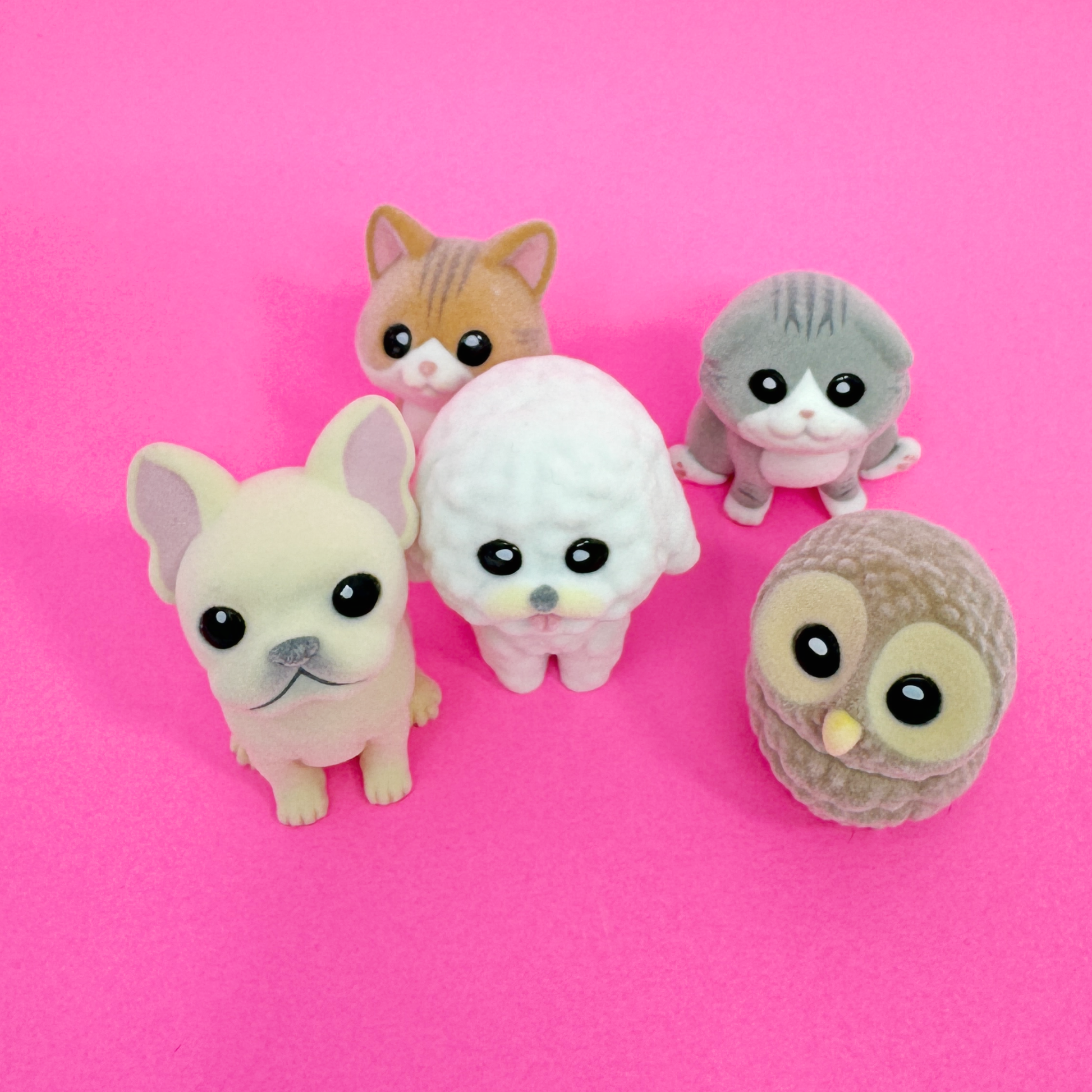 A group of five mini animal toys with soft flocking and big cute eyes