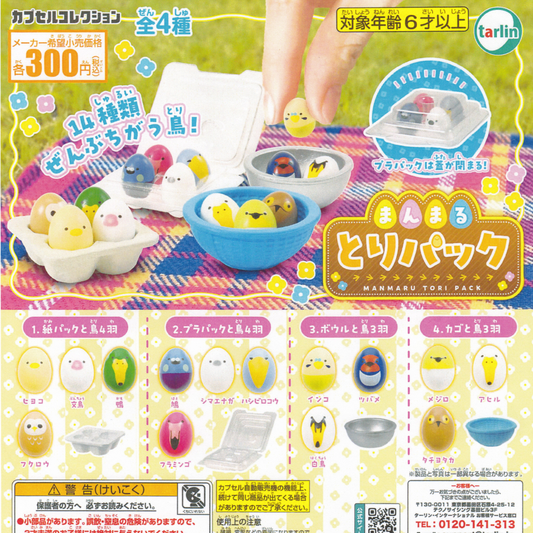 A Japanese flyer showing the four collectible miniature egg packs all decorated as birds.