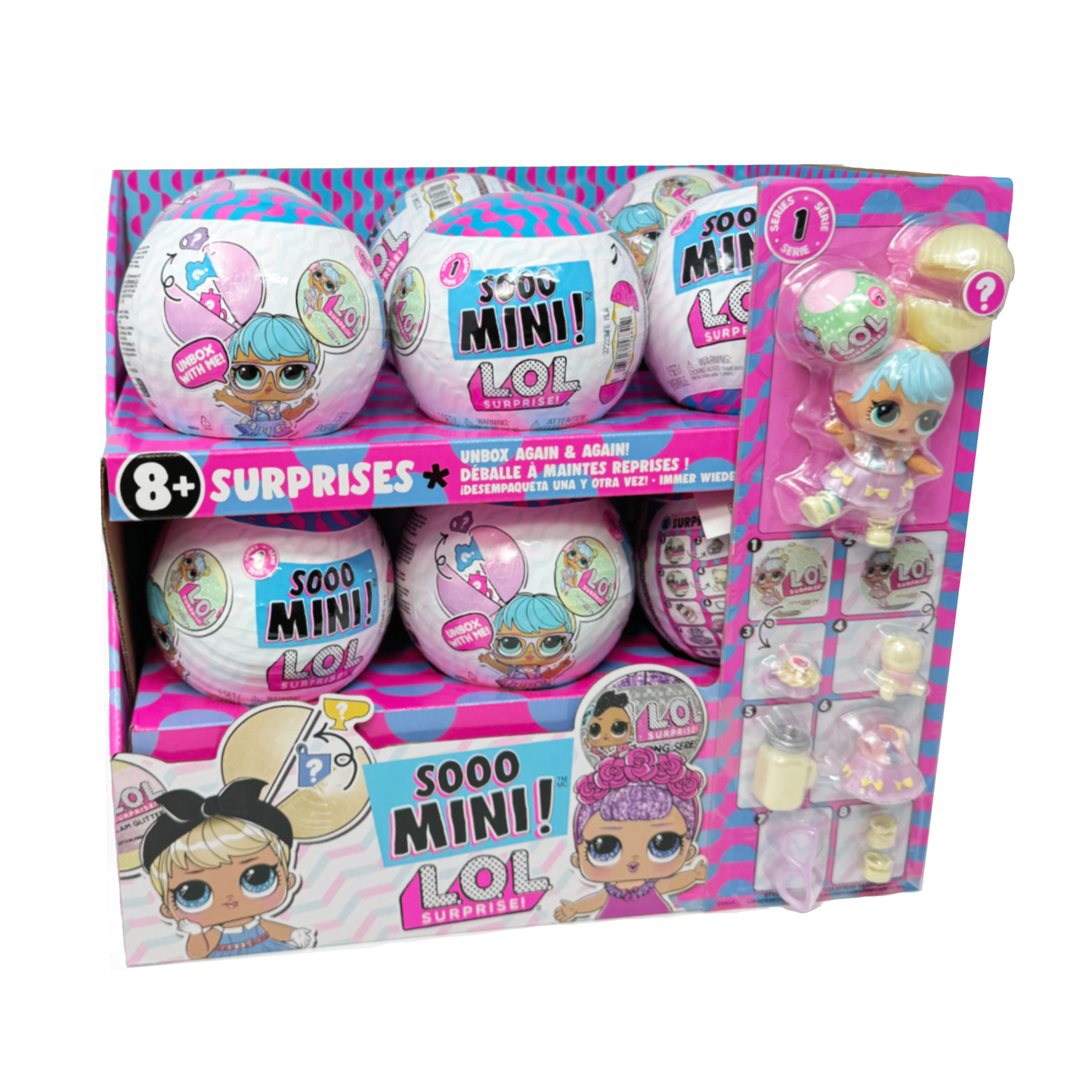 A box showing several surprise balls containing LOL Surprise Sooo Mini Dolls and an example of the doll.