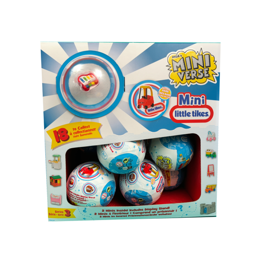 A display box full of toy surprise balls from Miniverse Mini Little Tikes Series 3