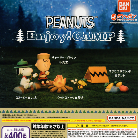 Peanuts characters: Woodstock, Charlie Brown, and Snoopy toy figures gathered around a campfire. There is also a little tent and Woodstock's birdie friends already sleeping.