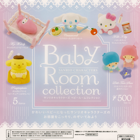 Sanrio baby room capsule toy collection featuring Hello Kitty, My Melody, Pompompurin, Little Twin Stars, and Cinnamoroll as babies.  